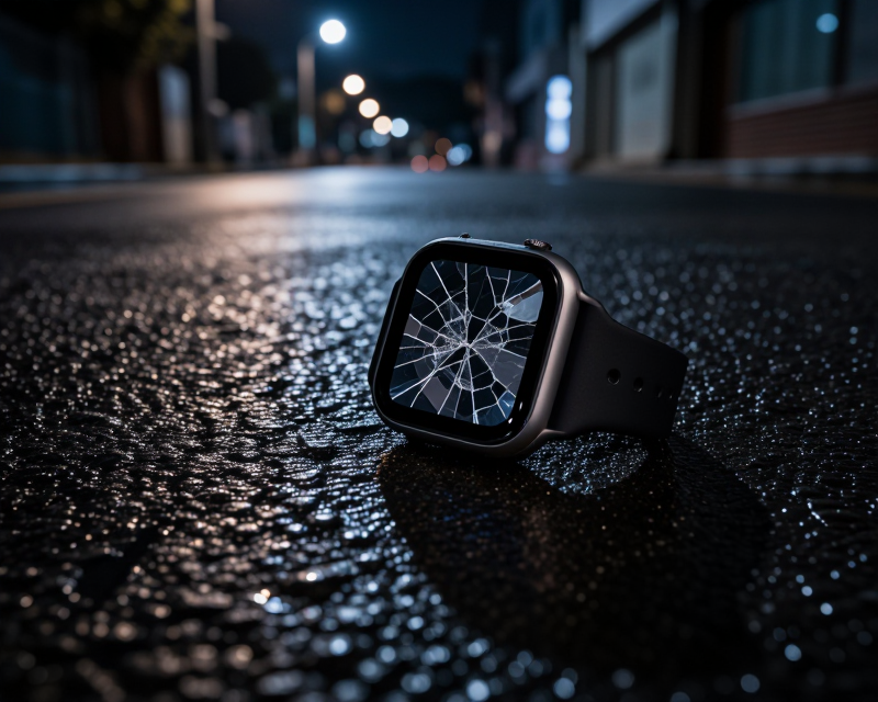 Broken Smartwatch on Wet Asphalt