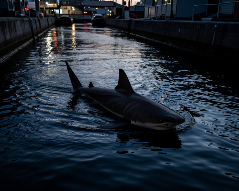 Cinematic Shark in Urban Canal